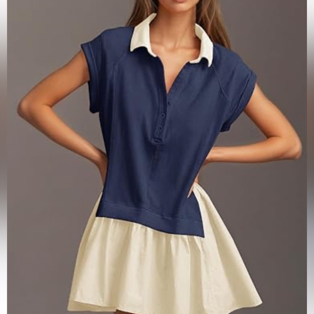 Navy Blue Top with‎ Cream Ruffle Hem Dress